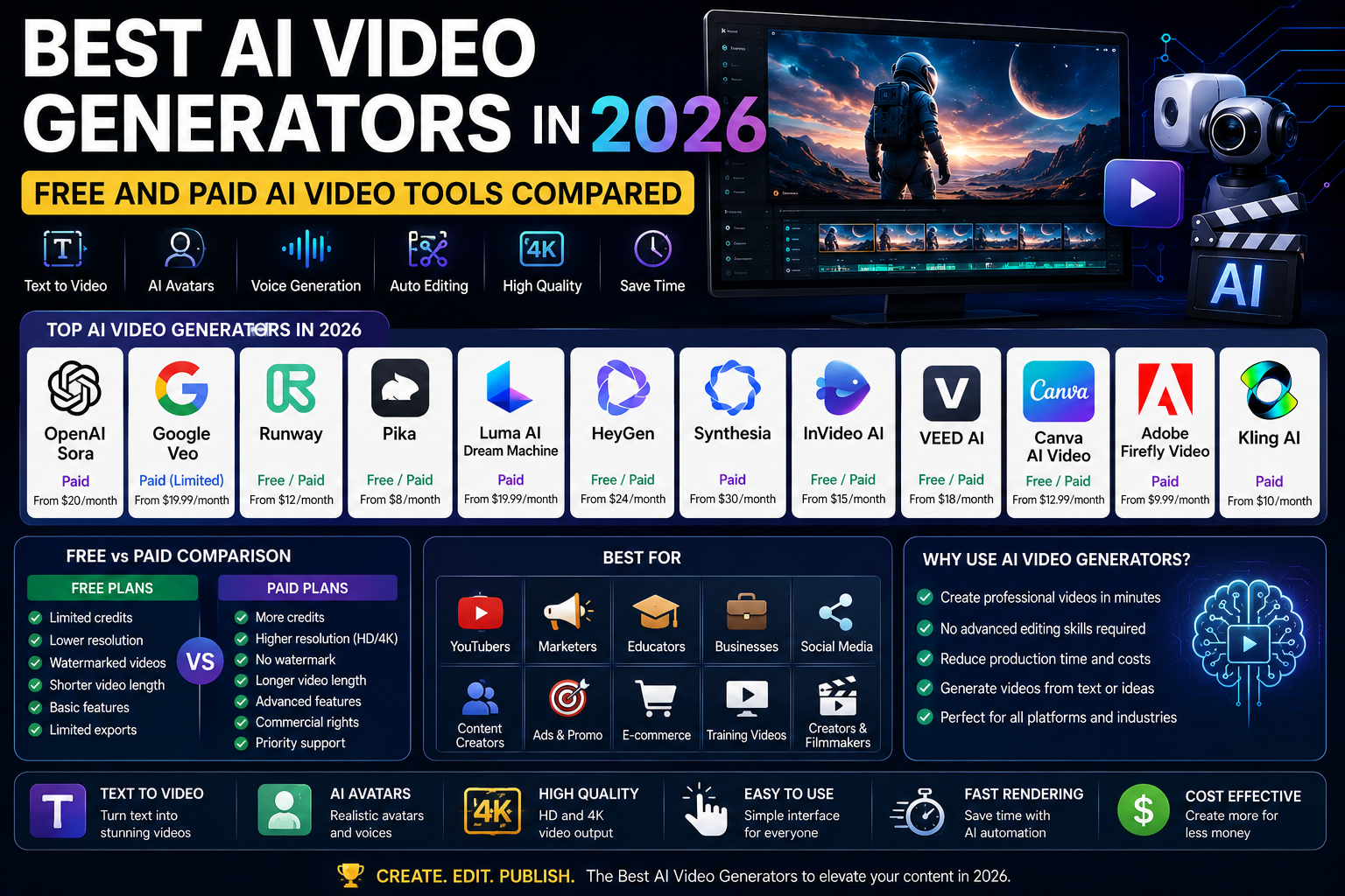 Best AI Video Generators for Content Creators (2026): Free & Paid Tools Compared